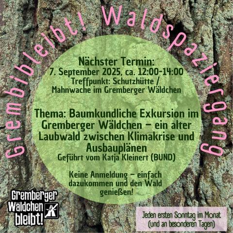 Baumrinde mit grünem Kreis und Text zu einer Baumkundlichen Exkursion am 7. September 2025 im Gremberger Wäldchen, organisiert von BUND und Gremberger Wäldchen bleibt