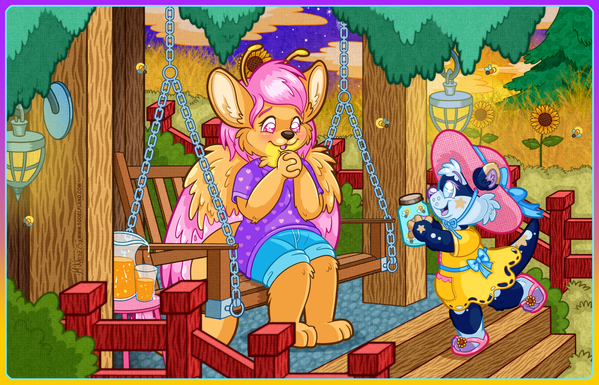 Digital, full-color cartoon illustration featuring two animal characters on a front porch as the sun sets and stars begin to come out, while fireflies fly and glow around them. Behind them are golden fields of wheat, with the occasional sunflower completing the late summer scene.  The first character, Draven, is a motherly, humanoid fantasy creature with some dragon characteristics, including feathery wings and a long, thick flaming tail. Their fur is orange, while their hair, underfeathers, eyes and the flame along and at the tip of their tail is varying shades of magenta pink. Their ears are large and rounded, and they have short little antennae atop their head. Draven is wearing a long purple shirt with pink hearts and blue denim shorts. They are sitting on a wooden porch swing, hands clasped together in emotion, as they look down at the other character who is approaching them. That would be Ruby, a little otter girl of dark blue fur with lighter blue and purple accents. Ruby is wearing sunflower-themed flip-flops and is dressed in a bright yellow sundress with a big pocket on the front. The pocket and front of the dress are accented in pink to match her large pink sunhat, which also has a blue sash and neck strings. She is carrying a mason jar which holds several fireflies she has captured.  At each side of the porch swing stand wooden pillars with glowing sconces. Red fences, along with several bushes and hanging greenery, frame the rest of the picture.