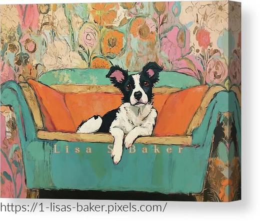 The Whimsy Lounging Pup / Dog Art by Lisa S Baker. A charming black and white dog lounges comfortably on a vibrant turquoise sofa accented with bright orange cushions. The background is a lively floral pattern featuring a variety of cheerful colors, adding whimsy to the scene. The overall composition conveys warmth and tranquility, inviting the viewer to appreciate the playful harmony of colors.