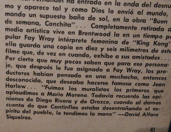 Imagen de una página de revista con texto que menciona a Mario Moreno "Cantinflas" y a los muralistas José Clemente Orozco, Diego Rivera y David Alfaro Siqueiros, destacando su apoyo al comediante.