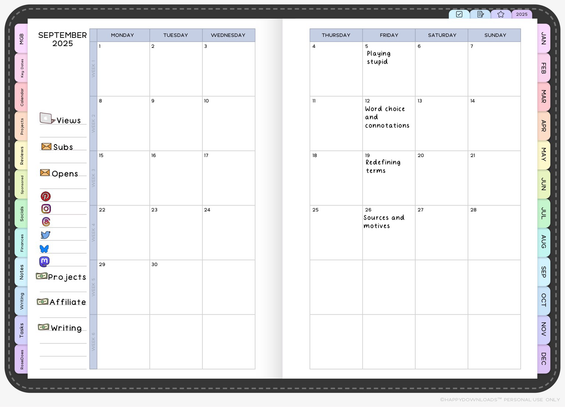 A calendar for the month of September 2025 with the days of the week at the top and the week numbers down the left side in a light blue. On the left of the calendar is September 2025 with a series of icons on lined notes below. The icons show a computer and the word views, an envelope and the word subs, an envelope and the word opens, the Pinterest logo, the Instagram logo, the threads logo, the old twitter bird logo, the mastodon logo, a money icon with the word projects, a money icon with the word affiliate, and a money icon with the word writing. On the calendar there are posts on the Fridays on the calendar; the 5th has playing stupid, 12 has word choice and connotations, 19th has redefining terms, 26th has sources and motives.