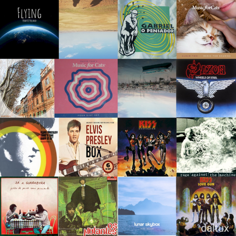 Capas dos 16 lançamentos mais ouvidos este mês por daltux: 
1. Flying - Peder B. Helland 
2. Cold Desert - Comet 1993 
3. Gabriel o Pensador - Gabriel o Pensador 
4. Music for Cats: Album Two - Music for Sharing - David Teie 
5. nostalgie - sweet planet 
6. David Teie's Music For Cats - David Teie 
7. Above The Water - Comet 1993 
8. Wheels of Steel - Saxon 
9. That’s the Way It Is - Elvis Presley 
10. Legendary Radio Brodcast Recordings Coffret - Elvis Presley 
11. Destroyer - KISS 
12. Rage Against the Machine - Rage Against the Machine 
13. Pirão de Peixe com Pimenta - Sá e Guarabyra 
14. Os Mutantes - Os Mutantes 
15. Misty Ocean - Lunar Skybox 
16. Love Gun - KISS