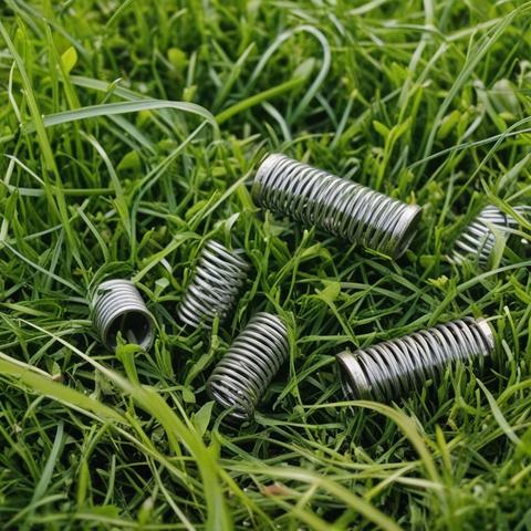 Metal springs of various sizes lying on and appearing to be sprouting from lush green grass