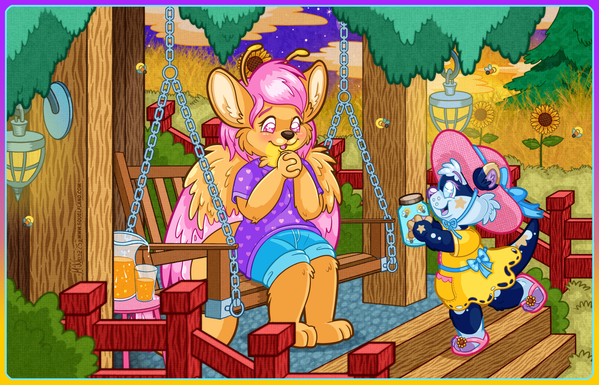 Digital, full-color cartoon illustration featuring two anthropomorphic animal characters on a front porch as the sun sets and stars begin to come out, while fireflies fly and glow around them. Behind them are golden fields of wheat, with the occasional sunflower and a conifer completing the late summer scene.