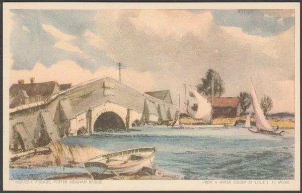 Printed colour postcard showing an illustration by Leslie L H Moore of Potter Heigham Bridge on the Norfolk Broads in Norfolk.

Published by Jarrold & Sons Ltd, Norwich, Cotman-Color, not numbered, c.1950s.

Postally unused.

Excellent condition, with minimal corner bumps.
