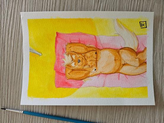 picture of a watercolor painting of my fursona chilling naked on a towel by the beach and under an umbrella.