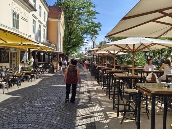 Terrazas a la vera del río Ljubljanica,
se ve una hilera de mesas y sillas cubiertas por toldos y sombrillas a ambos lados de un paseo peatonal. Se ve poquita gente, fachadas de casas de 4 alturas a un lado, árboles, y el cielo es azul.