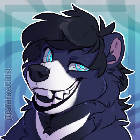 it is the moonbearbot, looking teasingly at you with half open maw.
meanbearbot is a moonbear with blueish tint fur. and has cyan colored robot eyes.