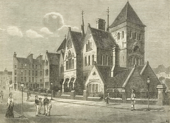Leith Walk Public School, 1887 engraving. Note the similarity in the design of the tower, the primary gable end and the ornamental buttresses with the photo below of Bristo School.