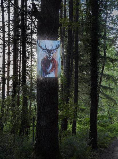 Ein großformatiges Rothirschgemälde hängt hoch oben an einem Baum, mitten im Wald.