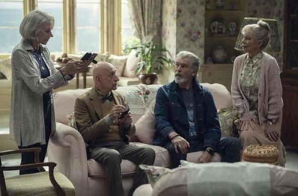 Pierce Brosnan, Helen Mirren, Ben Kingsley, and Celia Imrie in The Thursday Murder Club Photo by Giles Keyte - © 2025 Netflix, Inc.
