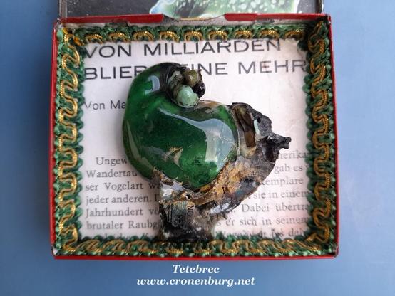 A vintage cigarette tin box (symbol of how fast we "smoke" species away) with a pigeon-like, emerald-green form. The background is an old German article "Von Milliarden blieb keine mehr" (from billions no single pigeon remained) about the extinction. The abstract pigeon looks very precious, glossy like a real emerald.