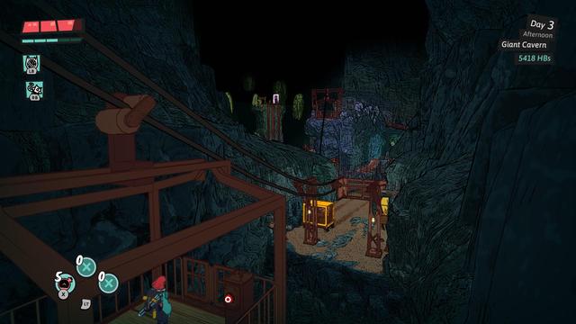 A screenshot of Dungeons of Hinterberg, depicting the protagonist using and old school lift in a cavern.