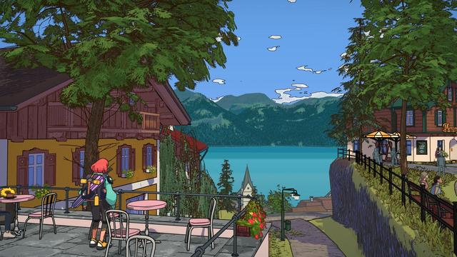 A screenshot of Dungeons of Hinterberg, depicting the protagonist surveying a lake in the background.