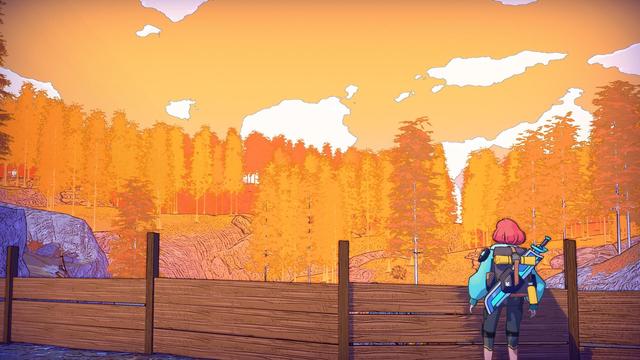 A screenshot of Dungeons of Hinterberg, depicting the protagonist looking at trees during Golden Hour.