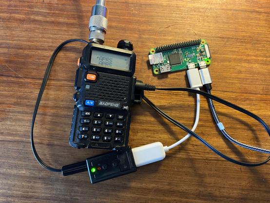 Baofeng UV5 connected to a USB sound card and Raspeberry PI Zero