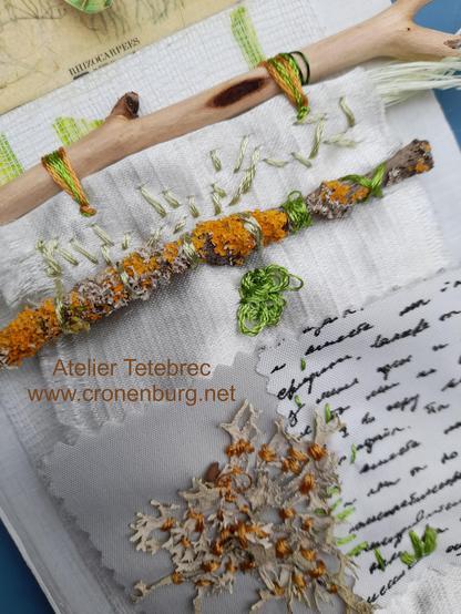 The zoom on the abstract collage shows the two wooden sticks and the embroidered real grey lichen on a background of textile scraps and intuitive embroidery. One stick is lemon tree without bark, the stick with bark is cobered with a bright orange lichen. This colour is repeated in the stitches on the real grey lichen.