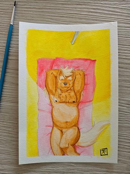 Picture of a watercolor painting of my fursona chilling naked on a towel by the beach and under an umbrella.