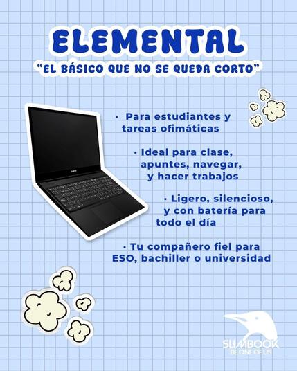 Portátil Slimbook ELEMENTAL acompañado de una lista de sus características técnicas.