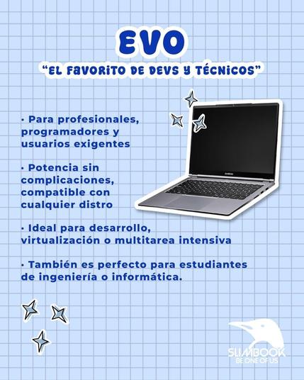 Portátil Slimbook EVO mostrado junto a un listado de especificaciones y características destacadas.