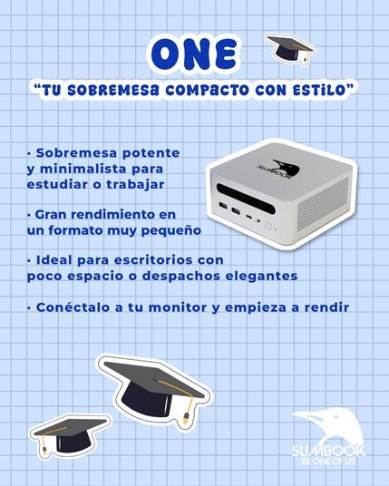 Portátil Slimbook ONE con un resumen de sus características principales en texto superpuesto.