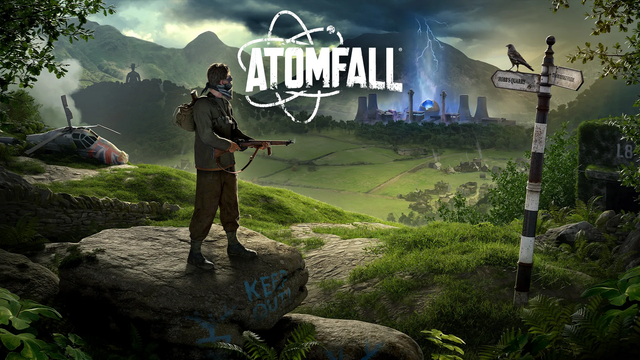 A promotional image showing a lush, green environment with an atomic plant far in the background. There is lightning and a blue light surrounding the plant, clearly indicating that something's wrong. In the foreground, a masked person with a rifle is standing on a rock. A line of text written on the rock says: Keep out. Close to the person, there's a slightly decayed signpost with a black bird sitting on it.
