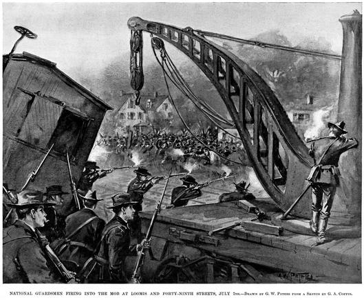 Depiction of Illinois National Guardsmen firing at striking workers on July 7, 1894, the day of greatest violence. By by G.W. Peters, from a sketch by G.A. Coffin. - Published in Harpers Weekly, vol. 38, whole no. 1961 (July 21, 1894), pg. 689.; Additional digital editing by Tim Davenport ("Carrite") for Wikipedia, no copyright claimed for the work, file released to the public domain without restriction., Public Domain, https://en.wikipedia.org/w/index.php?curid=52867415