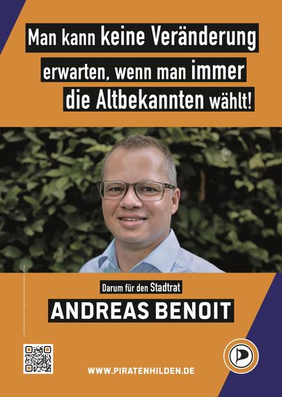 Bildtext: Man kann keine Veränderung erwarten, wenn man immer die Altbekannten wählt! Darum für den Stadtrat Andreas Benoit. www.piratenhilden.de.
Bild: Foto von Andreas Benoit.