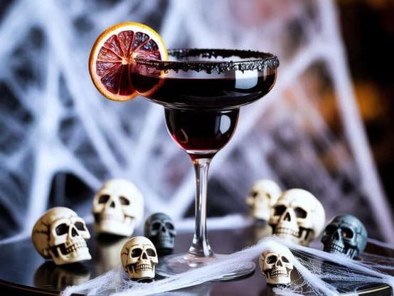 Black Magic Margarita with black salt and dehydrated blood orange slice