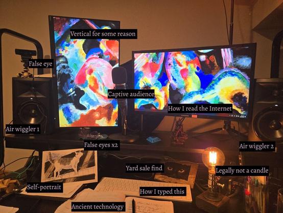 Studio objects with funny labels. Speakers are 'air wigglers.' Lightbulb: 'legally not a candle.' Webcam: 'false eye.' Microphone: 'captive audience.' Keyboard: 'how I typed this.' Art of a cat on a piano: 'self portrait.' Monitors: 'how I read the Internet' and 'vertical for some reason.'