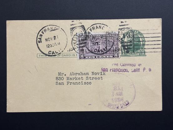 Address side of post card with unusual use of special delivery stamp