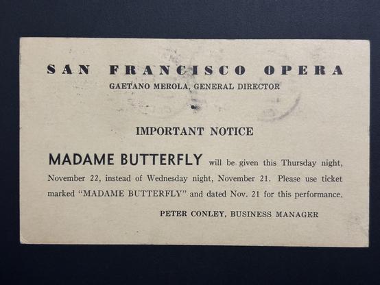 Information side of post card informing opera subscribers of a last minute postponement