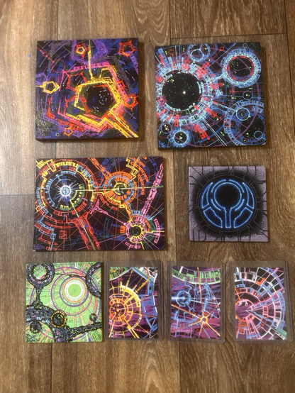 8 original complex geometric sci-fi/space paintings in sizes 6x6” down to 2.5x3.5”. Circular and linear GUI-like graphics over space nebula backgrounds. One Halo Reclsimer glyph.