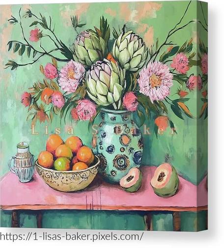 Fruity Floral Artichoke Delight I by Lisa S Baker. A colorful arrangement of artichokes and pink flowers fills a patterned vase, set against a soft green background. A bowl of bright oranges and a sliced melon spill across a pink table, creating a lively and inviting scene. The composition showcases a harmonious blend of natural elements and vibrant hues.