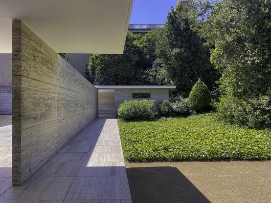 Courtyard and lawn at Mies van der Rohe pavilion in Barcelona