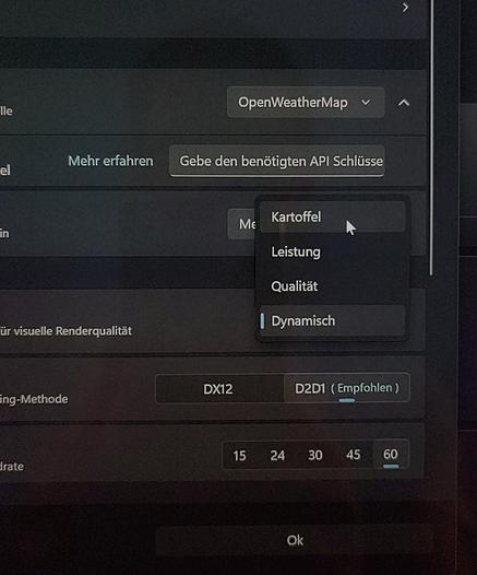drop down menu of a weather app giving the options Kartoffel (potato), power, quality or dynamic.