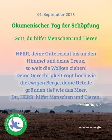 Text: 01. September 2025  Ökumenischer Tag der Schöpfung  Gott, du hilfst Menschen und Tieren

HERR, deine Güte reicht bis an den Himmel und deine Treue,
so weit die Wolken ziehen!
Deine Gerechtigkeit ragt hoch wie
die ewigen Berge, deine Urteile gründen tief wie das Meer.
Du, HERR, hilfst Menschen und Tieren.

Bild: ein Foto einer Wiese im Sonnenaufgang mit weidenden Tieren. Unten links das Logo von Christians4Future. Unten rechts ein Pfeil, der nach rechts zeigt.