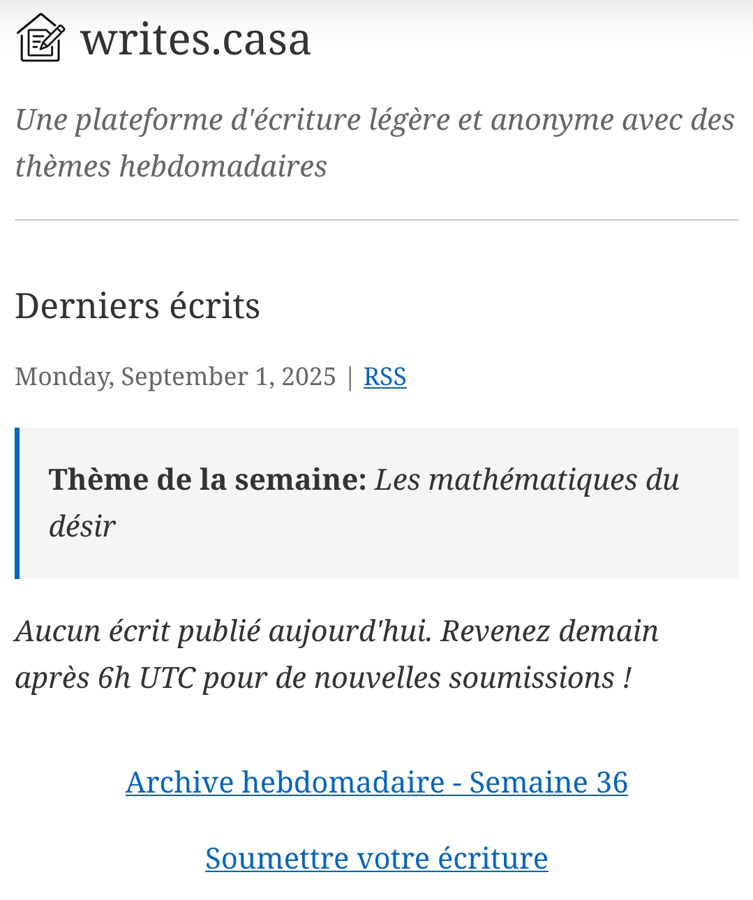 writes.casa Une plateforme d'écriture légère et anonyme avec des thèmes hebdomadaires