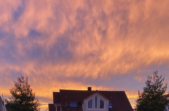 Wunderschöner Sonnenuntergang  am blau-lila Abendhimmelmit wuchtigen orange-gelben Wolkenbild über dem Hausdach zwischen zwei Baumshiloutten.