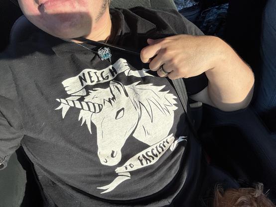 photo of me from the nose down showing off my shirt. its black with a white print. the print is of a unicorn head surrounded by words on banners. the words read Neigh to Fascism