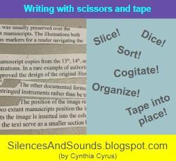 Slice! Dice! Sort! Cogitate! Organize! Tape into place! These instructions for how to edit are shown as a cloud of floating words adjacent to slips of paper with scholarly writing on them, clearly cut out from an earlier draft. Blog post title: Writing with scissors and tape