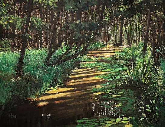 A painting of a sunlit forest scene with a narrow stream or flooded path running through it. Dappled sunlight filters through tall trees, casting golden reflections on the water. The surface is partly covered with green lily pads, and tall grasses grow along the edges. Dense trees recede into the background, creating depth and contrast between shadow and light.