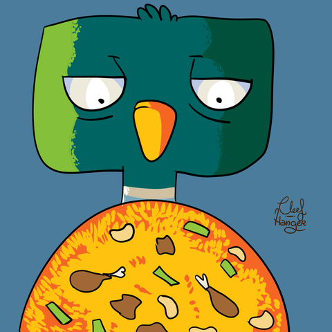 Coll Verd mirando una paella de pato.