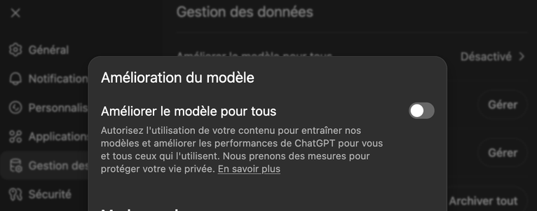 capture d'écran - ChatGPT - Améliorer le modèle pour tous
