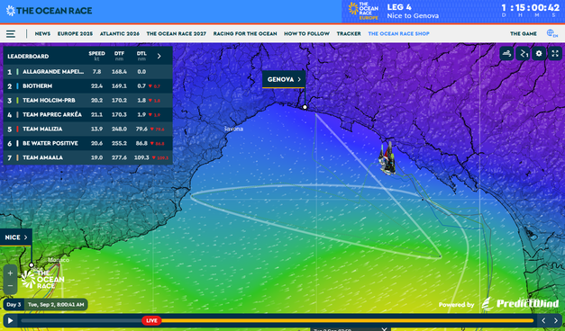 02.09.2025 - 08:00 - Screenshot des Ocean Race Livetrackers. Es ist eine Gruppe von vier Booten im Osten der Bucht vor Genua zu sehen, dazu ein Kurs um zwei Wendemarken, jeweils im Osten und Westen der Bucht, der Wind kommt aus Südwest