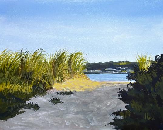 A painting of a sandy path leading through tall beach grasses toward a calm body of water. The path is dappled with shadows from surrounding greenery. In the distance, across the water, a tree-lined shoreline is visible under a soft blue sky.