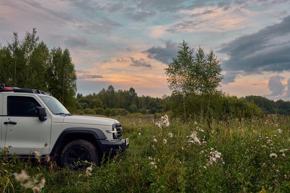 A white off-road vehicle is parked in a grassy field, surrounded by tall greenery and small flowers. The sky is partly cloudy with a sunset glow, creating a peaceful outdoor scene.