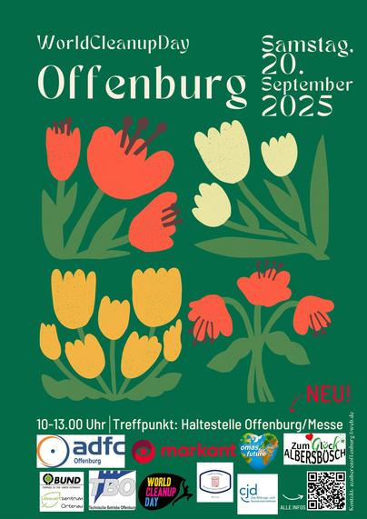 Plakat für den World Cleanup Day in Offenburg am 20.9.2025. Wir sammeln wieder gemeinsam wilden Müll, um ein Zeichen gegen die Umweltzerstörung zu setzen. Treffpunkt ist um 10 Uhr die Haltestelle Offenburg/Messe (beim ehemaligen Kinderland).