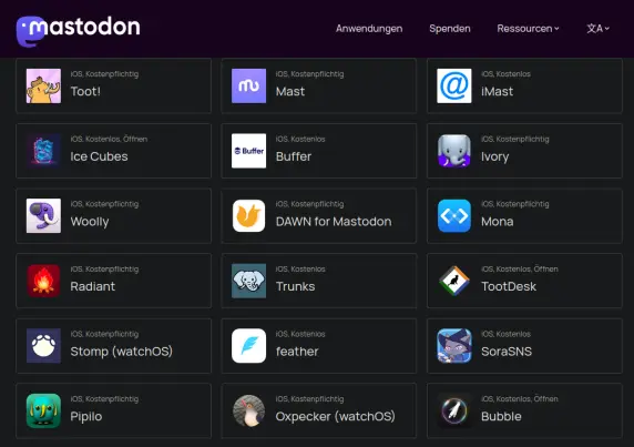 Überblick über Mastodon-Apps für iOS auf https://joinmastodon.org/de/apps