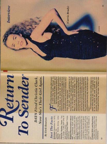 🖼️ Left page of a two-page spread from Soap Opera Digest – April 13, 1993, titled “Return to Sender” by Eirik Knutzen. The article profiles Christie Clark’s return to Days of Our Lives after being fired in 1990. A sidebar titled “Just The Facts” shares personal details including her birthdate, sports interests, favorite hockey team (L.A. Kings), and ideal man. The tone is candid and emotionally reflective, highlighting Clark’s resilience and her evolving role as Carrie Brady.

🖼️ Right page of a two-page spread from Soap Opera Digest – April 13, 1993, featuring a full-page photograph of Christie Clark in a black dress, captioned “(Carrie Brady).” The image accompanies the article “Return to Sender,” which discusses Clark’s firing and rehiring on Days of Our Lives. The visual emphasizes her poised return to daytime television, blending glamour with emotional depth.